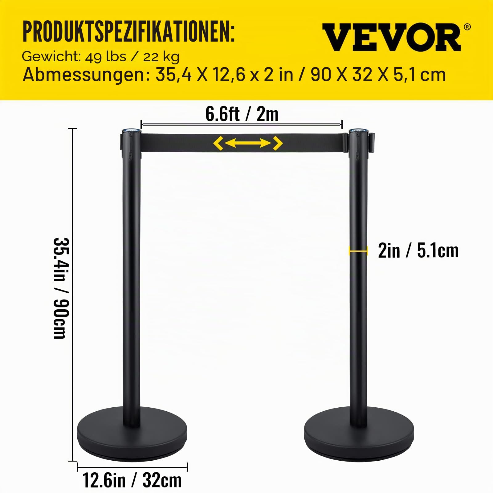 VEVOR Personenleitsystem 4 Ständer, 90 cm Gesamthöhe VIP Absperrung mit Vierwegadapter, Abgrenzungsständer, Absperrständer mit 2 M Länge Gürtel für Airport Flughafen, Ständer Stahl und Eisen, Schwarz
