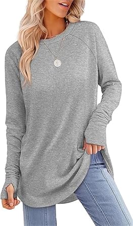 Long Sleeve Tunic Tops with Thumb Holes, Womens Tunic Tops to Wear with Leggings, Crew Neck Curved Hem