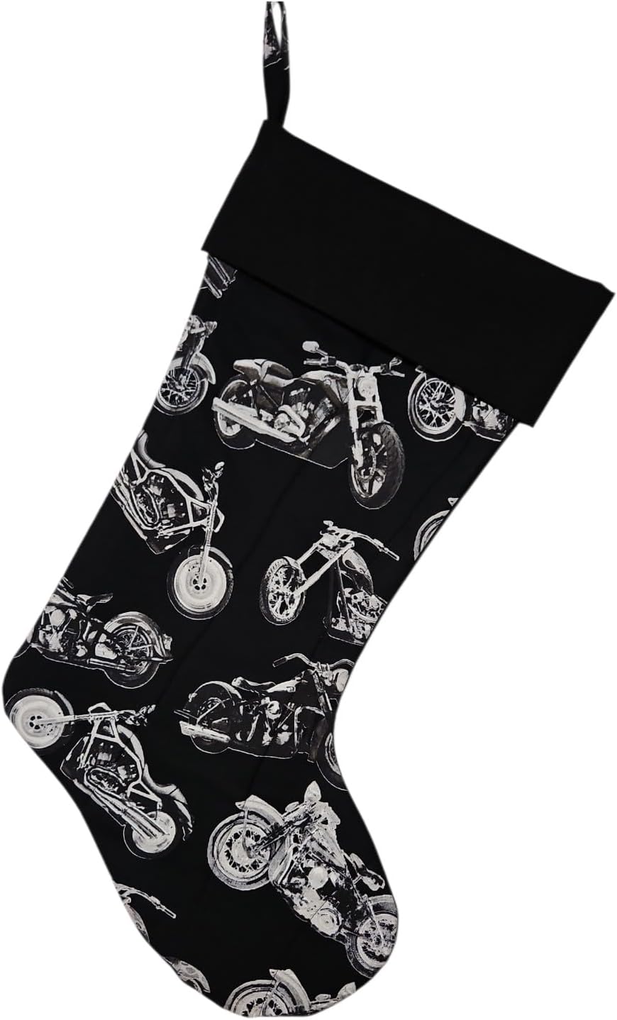 Motorcycle Quilted Christmas Stocking, Black with Silver Motorcycle Print, 9.5 x 19 Inches