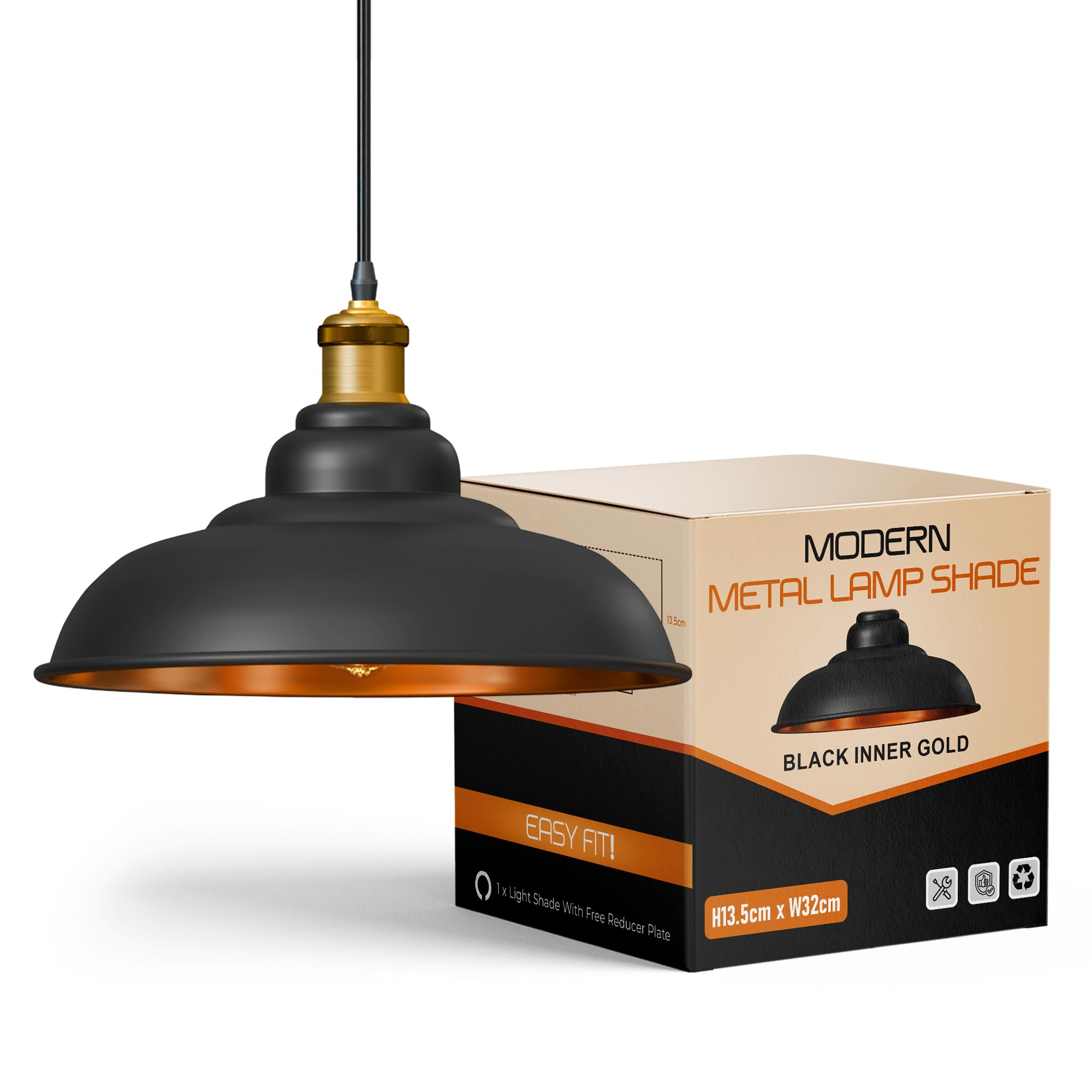 Ledsone Gold Inner Black Industrial Black Gold Inner Metal Lamp Shade 32Cm, Pendant Ceiling Lampshade For E27 Light Fittings, Modern Vintage Style Light Shade For Living Room, Kitchen, Dining Room & Hallway