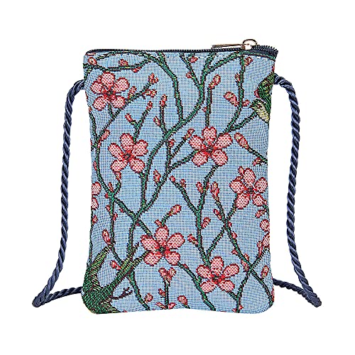Signare Tapisserie Mini sac à bandoulière pour téléphone portable, sac à main pour téléphone portable, sac à main pour smartphone, Fleur d'amandier et hirondelle Cover