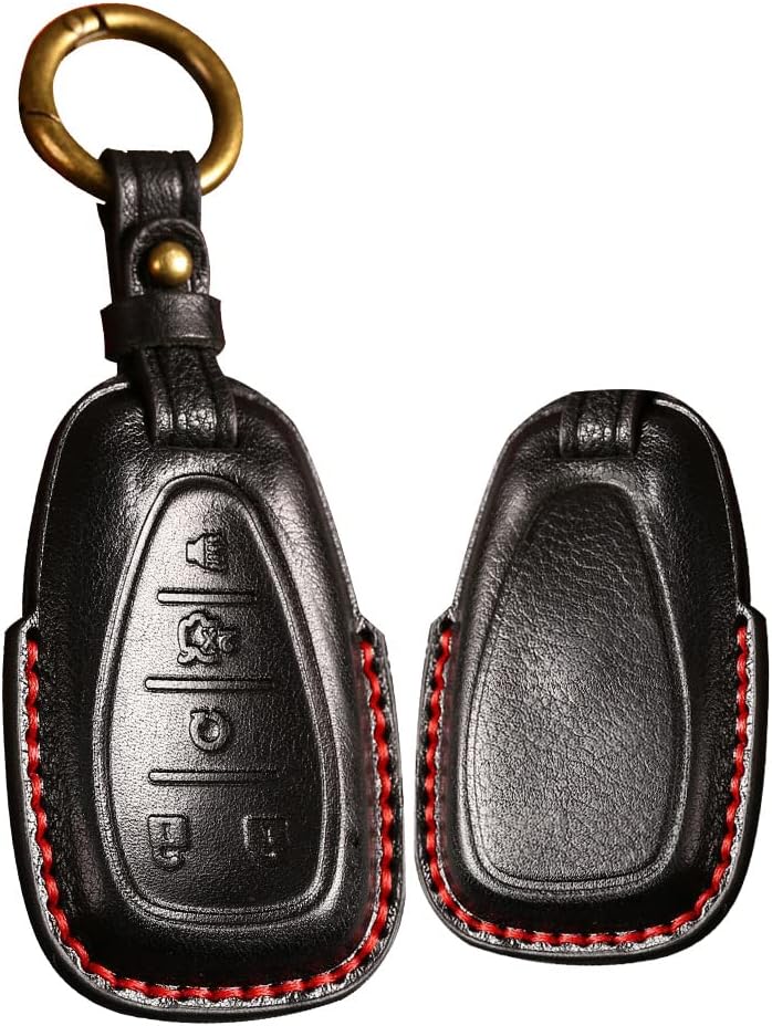 HIBEYO Key Fob Cover for Chevrolet Chevy Malibu Camaro Cruze Traverse Spark Sonic Volt Bolt Equinox Encore Trax Blazer Tracker Ev Leather Key Case Shell with Keychains 5 Button -Black