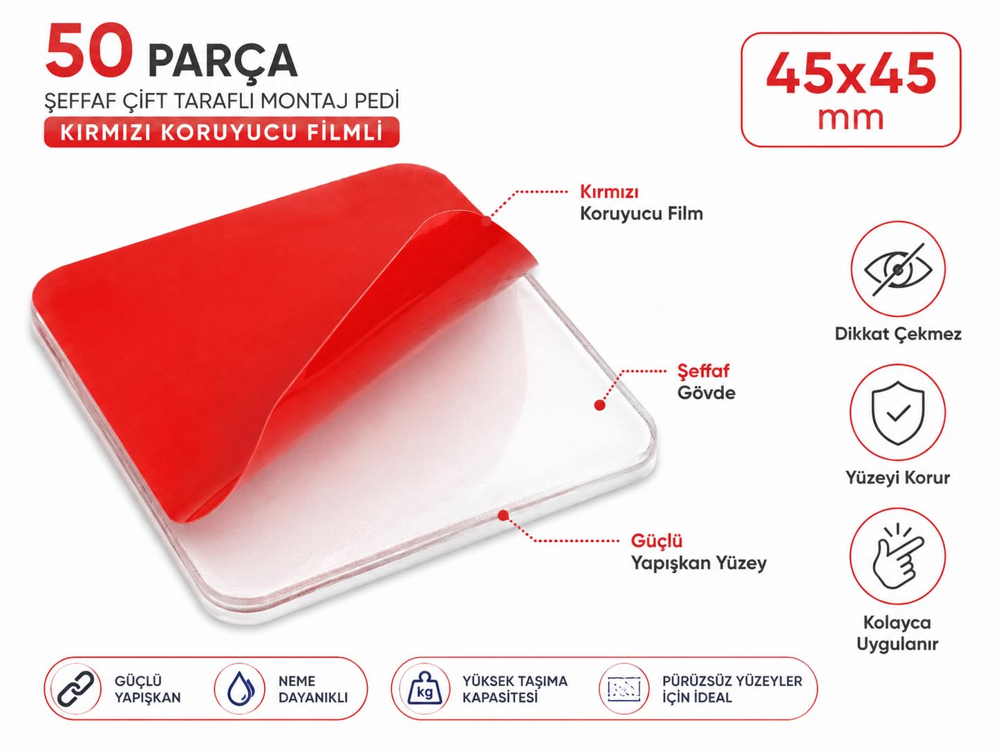 Alper Banyo 50 Adet 45x45 mm Şeffaf Yapışkan Kırmızı Koruyucu Filmli Çift Taraflı Güçlü Yapışkan Bant, İz Bırakmadan Çıkarılabilir Çok Amaçlı Montaj Pedi