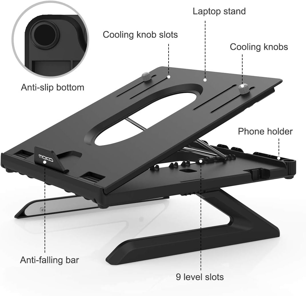 MoKo Laptop Stand, Multi-Angle Adjustable Laptop Holder for Desk Foldable Computer PC Riser Anti-Slip Mount for 2021 MacBook Pro 14", MacBook Pro Air, Surface Laptop, Notebook (10-15 Inch), Black