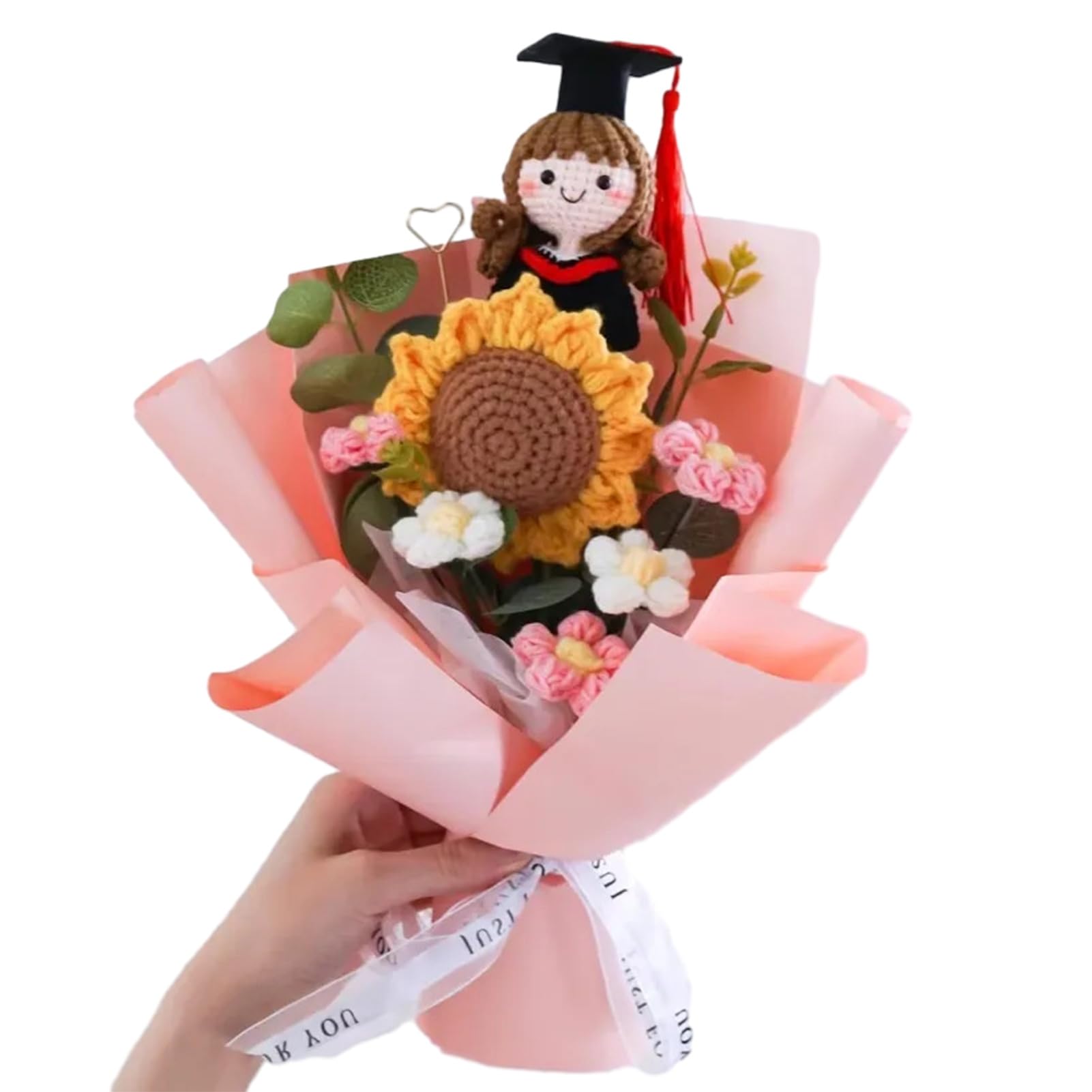 RetroNest Graduation Bouquet Woven Flower Bouquet Crochet Graduation Theme Bouquets Handmade Artificial Sunflower Puff Flower Arrangement with Doll for 2026 Grad Party Gifts Birthday Home Decor Pink