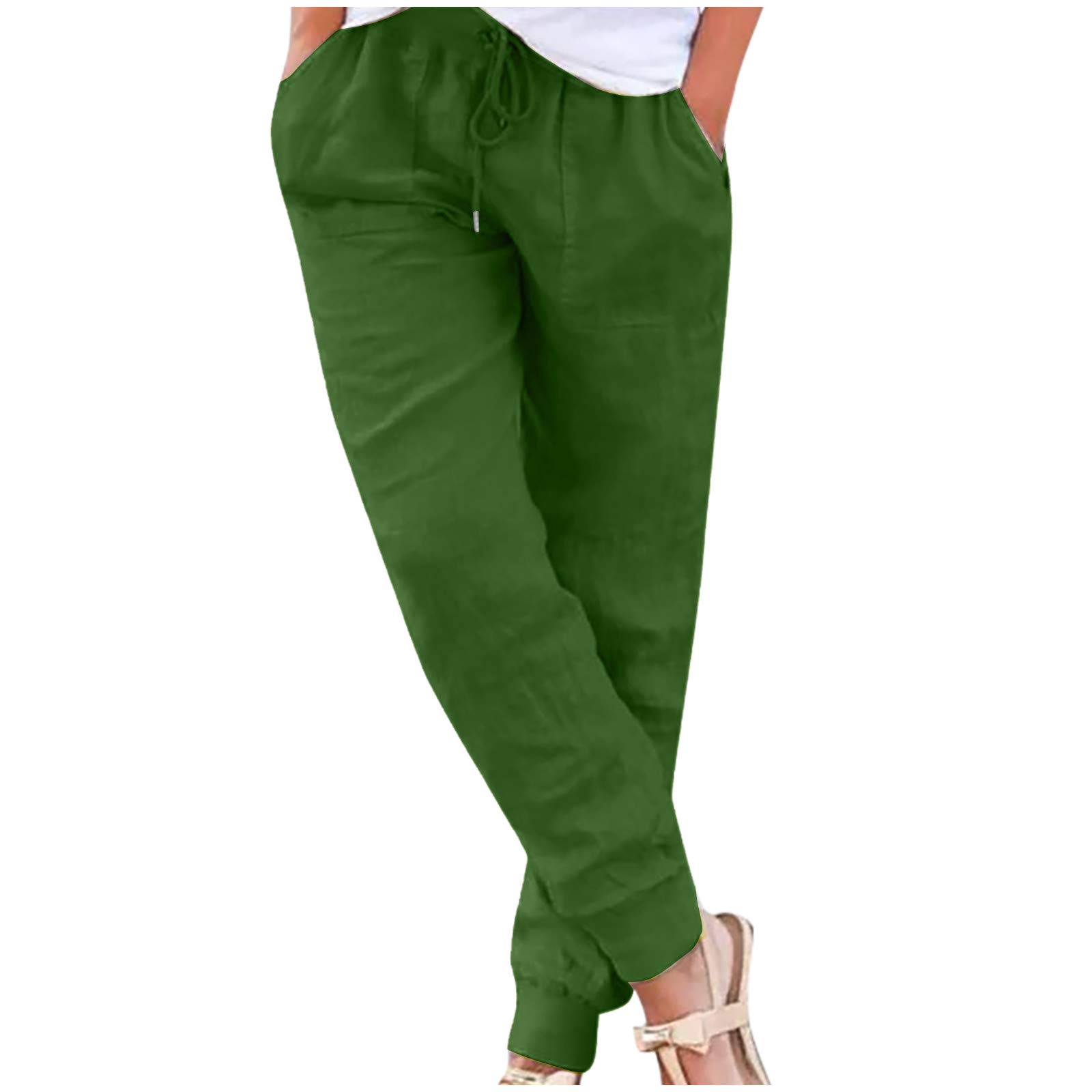 Linen Joggers for Women Causal Tapered Leg Drawstring Elastic Waist Pants Lightweight Boho Trousers with Pockets