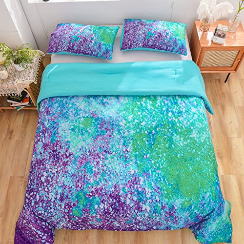 Aimuan Abstract Purple Comforter Sets Modern Art Bedding Sets 3 Pieces Sparkle Star Galaxy Twinkle Starlight Quilt Tie Dye Printed Comforter For Kids Teen (Full, Purple-Green) #TOP4