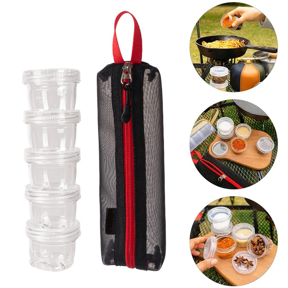 OUGETHER Portable Spice Bag for Travel, Camping Spice Kit with 5 Jars, Foldable Seasoning Storage Bag, Condiment Container Set for Outdoor Picnic BBQ (Black)