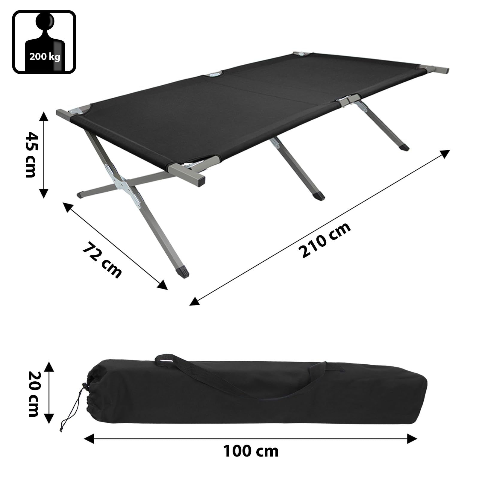 BB Sport Lit de Camp Pliable XXL 210 x 72 x 45 cm Camping Lit 200 kg Portable Militaire Pliable Voyage Confortable Stable Acier Tubulaire 600D Tissu Oxford Sac de Transport