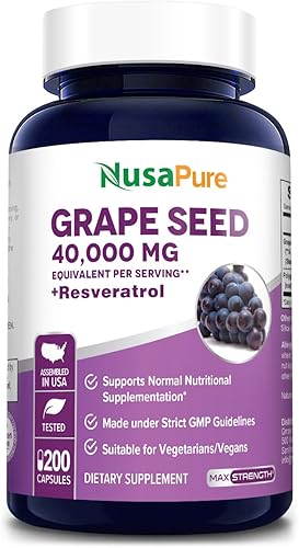 NusaPure Extracto de semilla de uva 40,000 mg por cápsulas, 200 cápsulas veganas, estandarizado, sin OMG, sin gluten, resveratrol