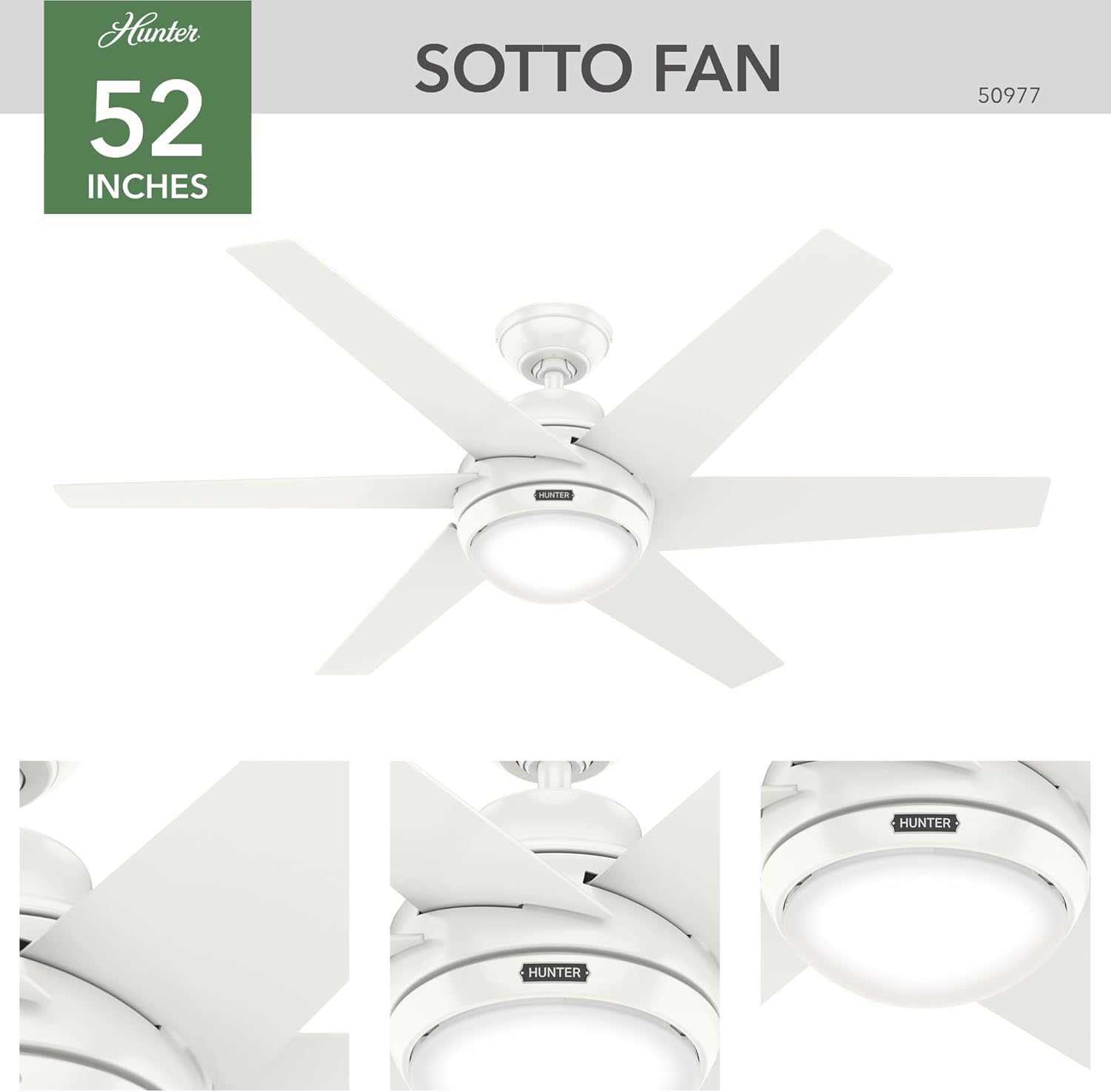 Hunter 52 inch Indoor Ceiling Fan with LED Light and Remote Control - Modern White Ceiling Fan, Standard Mount, 6 Blades, for Bedroom, Living Room, or Kitchen, Quiet - Sotto 50977, Fresh White