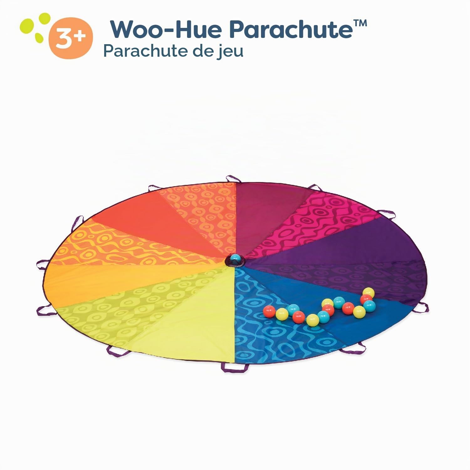 B. toys Woo-Hue Parachute, Parachute de Jeu Arc-en-Ciel, 2,44 m, Lot de 16 | 15 balles colorées, 12 poignées tissées, guide de jeux pour la cour et le parc, fort ou tente à vent, Parachute, 3 ans et +