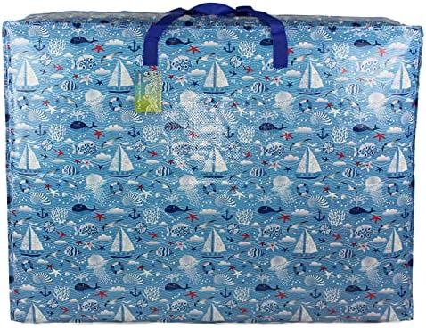 Extra Large 115 litre Storage Bags Water & Dust Resistant. Double zipped storage bags for toys, laundry, bedding. Underbed Wardrobe Space Saver Blue Seaside print