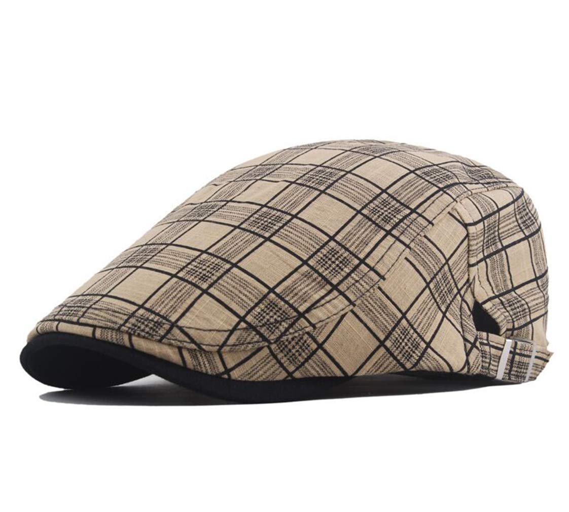 Chennuo Men's Beige Retro Scotland Style Flat Cap Summer Newsboy Duckbill Cap Tartan Check Beret (Beige)
