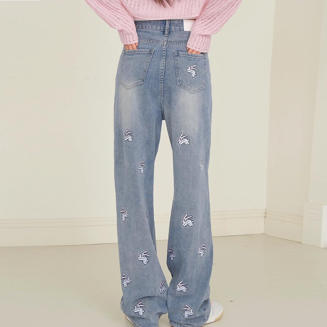 Harajuku Y2K Kawaii Gothic Casual Style Straight Wide Leg Vintage Embroidery Bunny Trim Jeans Pants for Women