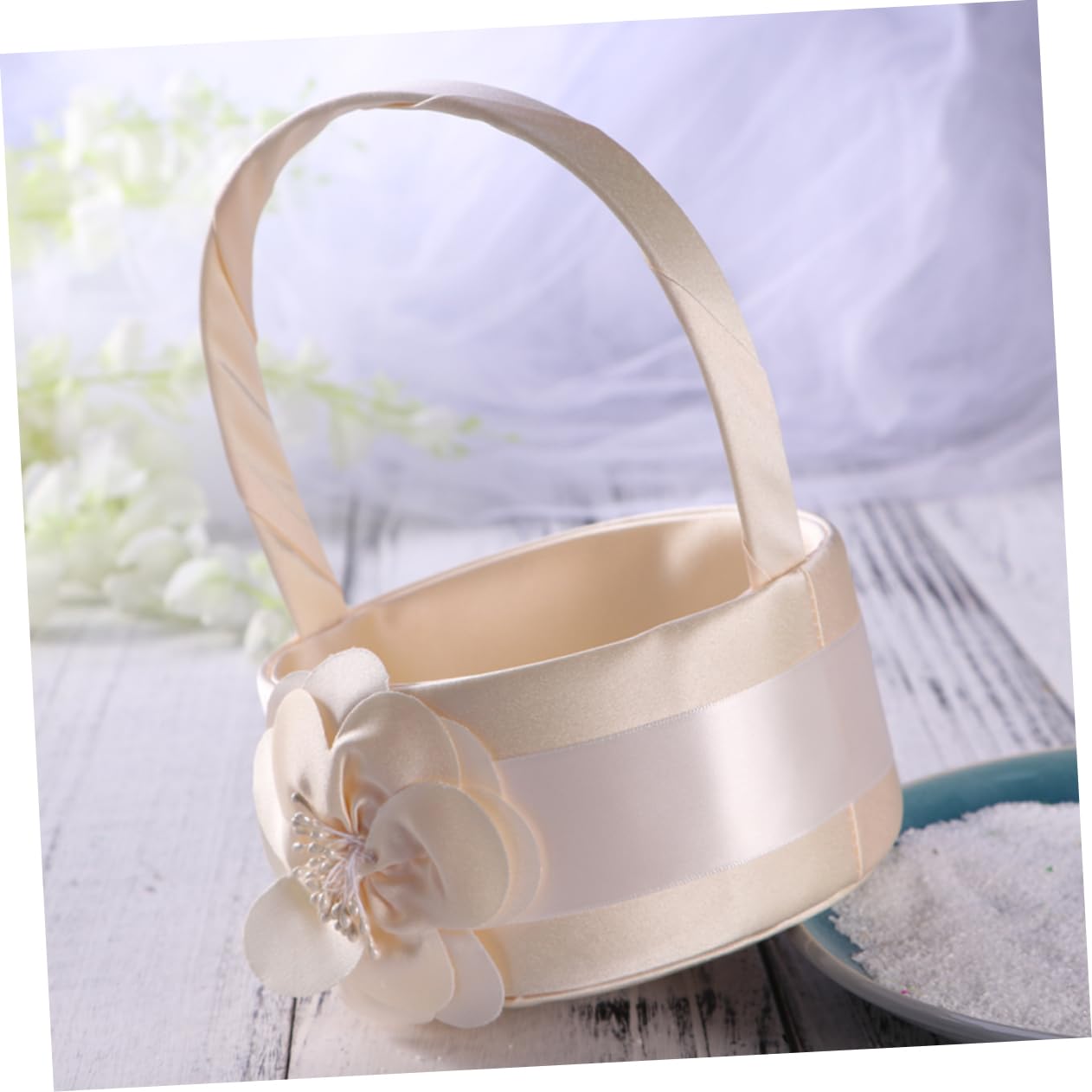 2 Stück-pack Runde Hochzeitskörbchen aus Stoff in Weiß, Handlich | Blumenmädchen, Zartes Satin Design, Passend für Jubiläum und Verlobungsfeier