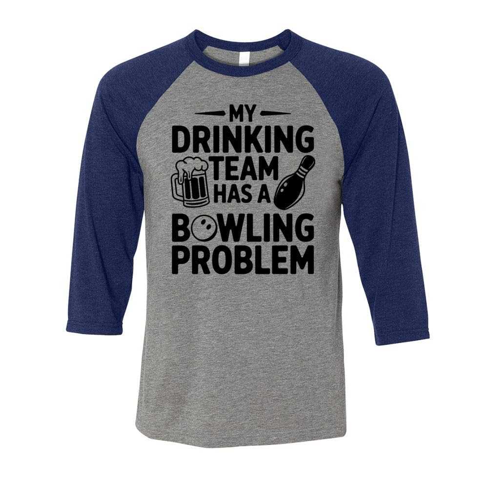 Funny Bowling Team Three-Quarter Raglan Sleeve Baseball Shirt Unisex Medium Grey/Navy