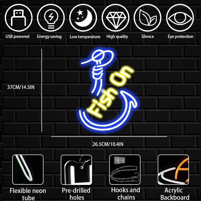 Image of Fish On Neon Sign for wall decor, Fishing Hook Neon light sign, Go Fishing Led sign for Man Cave,Fishing Neon light with Dimmable Switch for Fishing Shop, Living Room,Yacht Decor