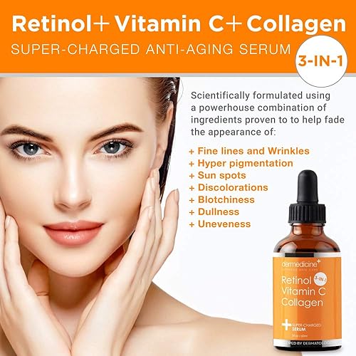 Miniatura 3 de Retinol Vitamina C Colágeno  Suero antienvejecimiento súper cargado para la cara  Calidad de grado farmacéutico  Ayuda a suavizar y rellenar líneas