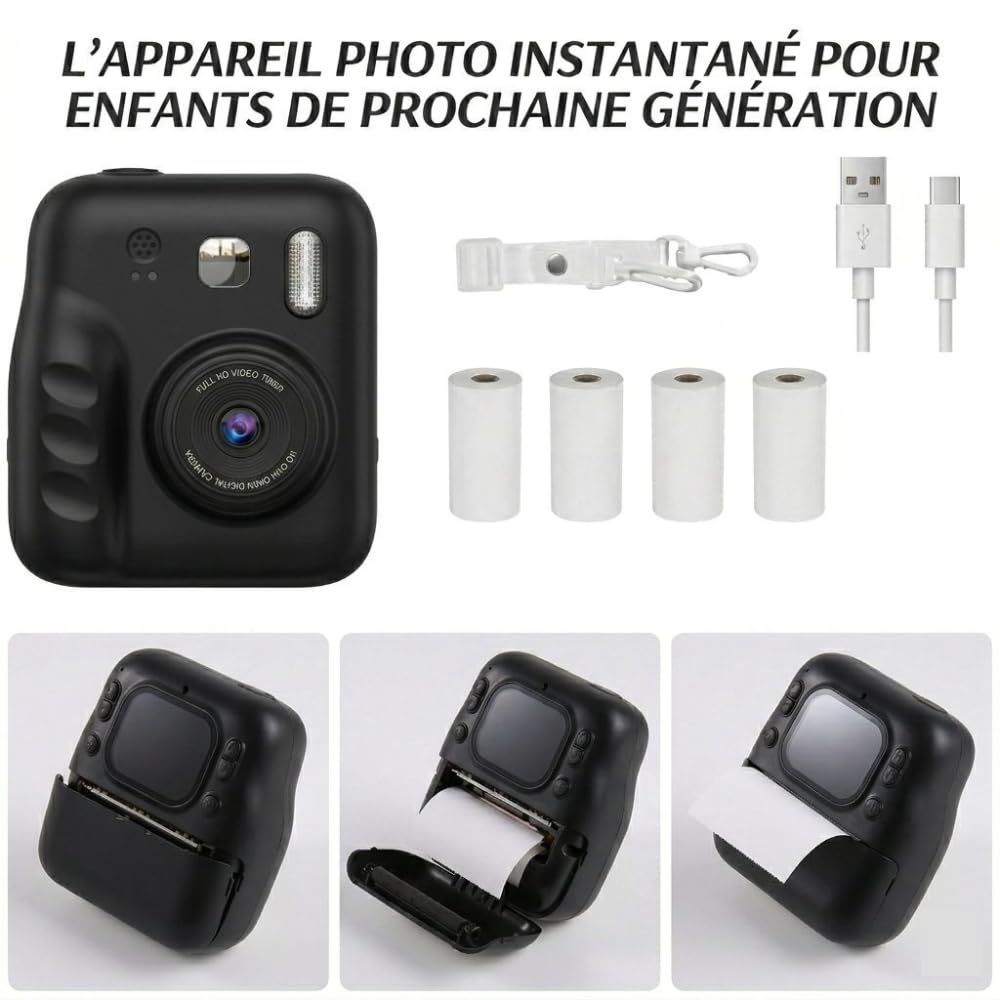 Appareil Photo Instantané Enfant, 2'' Écran HD Impression Immédiate sans Encre avec 4 Rouleaux d'impression Jeux Intégrés et Dessins Cadeau Enfants & Ados 3 à 12 Ans (Noir)