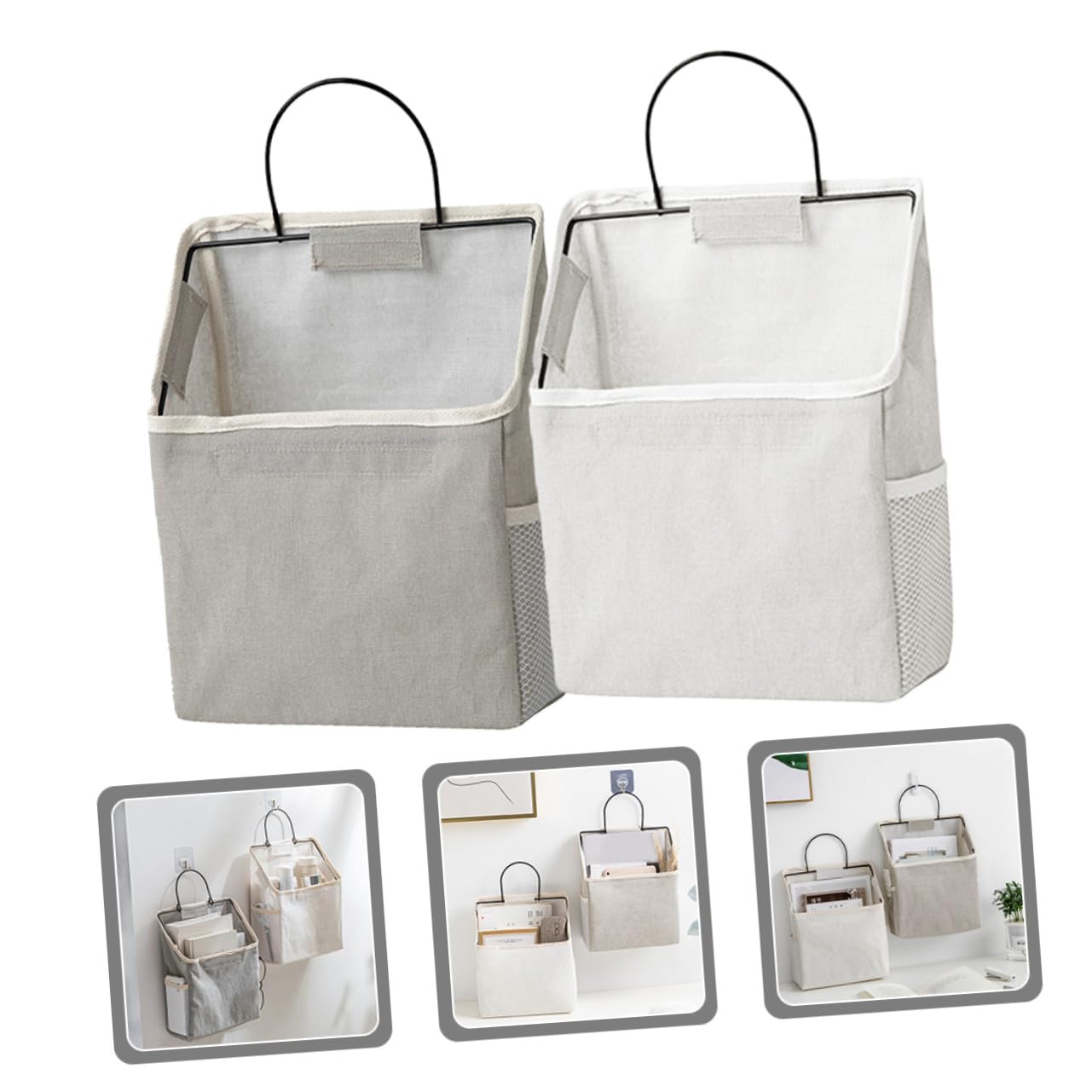 BESTYASH 2 pezzi Borsa Portaoggetti da Parete in Tessuto Pieghevole con Gancio Adesivo Organizer Multiuso per Camera Cucina e Armadio Resistente e Leggera Colori Grigio e Bianco