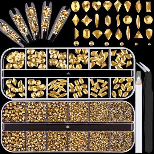 1680Pcs Mineral Gold Glass Nail Rhinestones 180Pcs Multi Shapes Flatback Nail Gems + 1500Pcs 1.5-4mm Round Crystal, Manicure Nail Charms Diamond Gemstones for Acrylic Nails Decoration