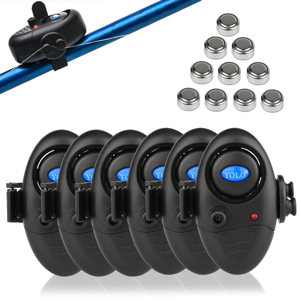 Coolnice 6pcs Détecteurs de Touche électroniques Sensible de Canne à Pêche Alarme de Pêche avec Indicateur Lumineux LED et Son d'Alarme Réglable pour Pêche Nuit Pêche Maritime Nocturne -avec Pile