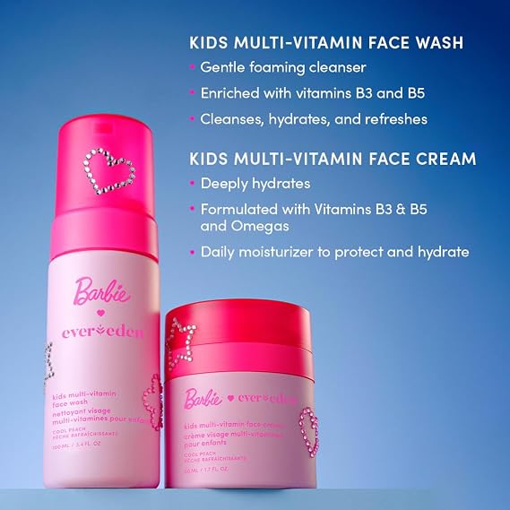 Evereden Happy Face DUO Barbie Edition & Happy Hair DUO Set: Multi-Vitamin Kids Face Wash & Cream, Hair Detangling Shampoo and Conditioner, Exclusive Barbie Gift Bundle - Clean & Vegan - Ages 3+