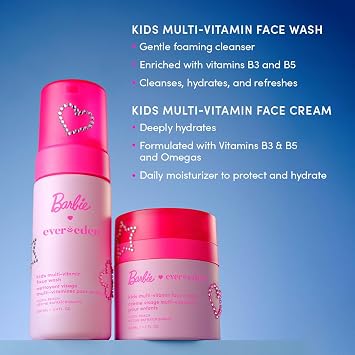 Evereden Happy Face DUO Barbie Edition & Happy Hair DUO Set: Multi-Vitamin Kids Face Wash & Cream, Hair Detangling Shampoo and Conditioner, Exclusive Barbie Gift Bundle - Clean & Vegan - Ages 3+
