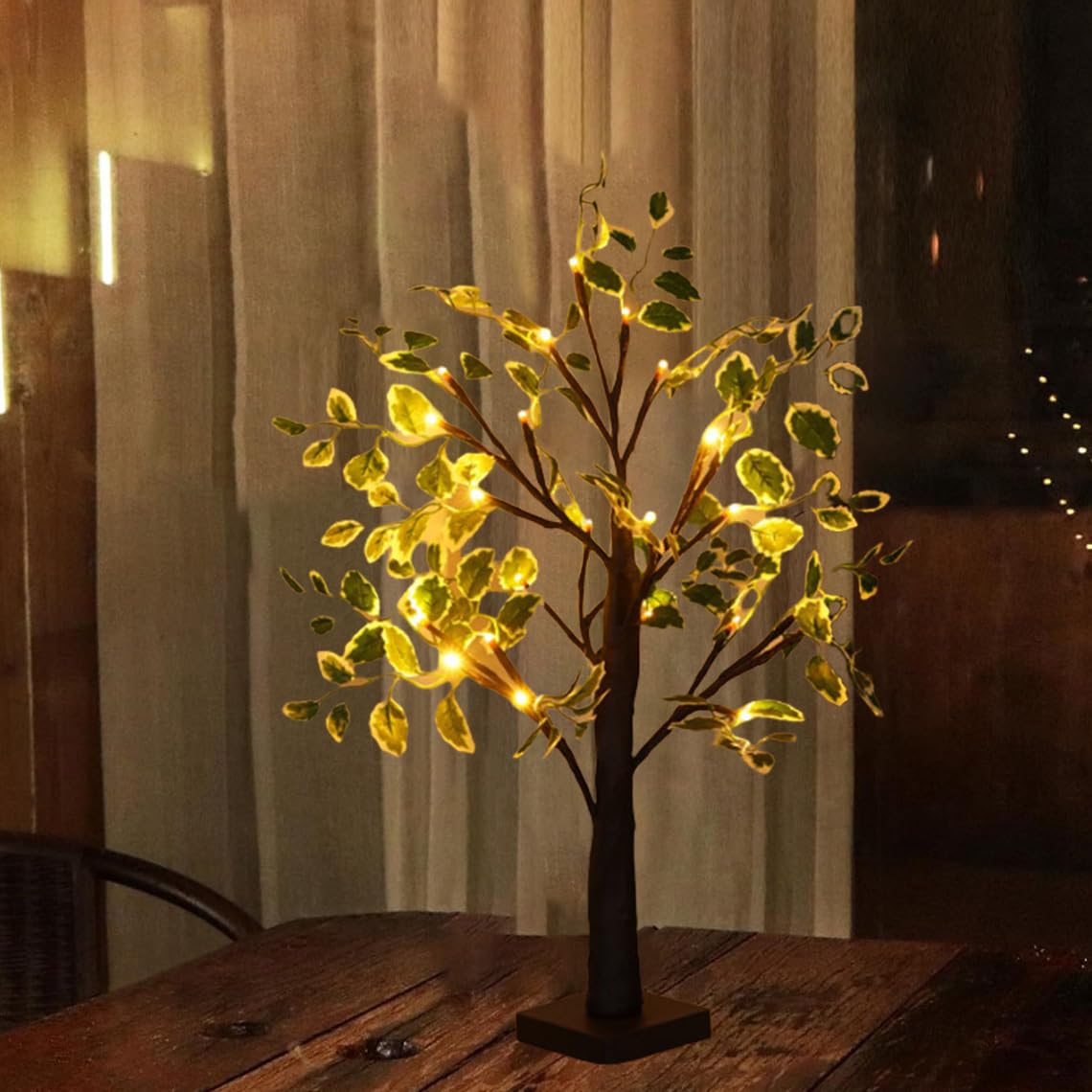 Green Leaf Birch Tree with LED Lights, 24 LED Warm Light Up Christmas Tree LED Fairy Spirit Tree Lamp with 3 AA Battery & USB Plug Light Up Table Top Artificial Tree for Wedding Home Christmas Décor