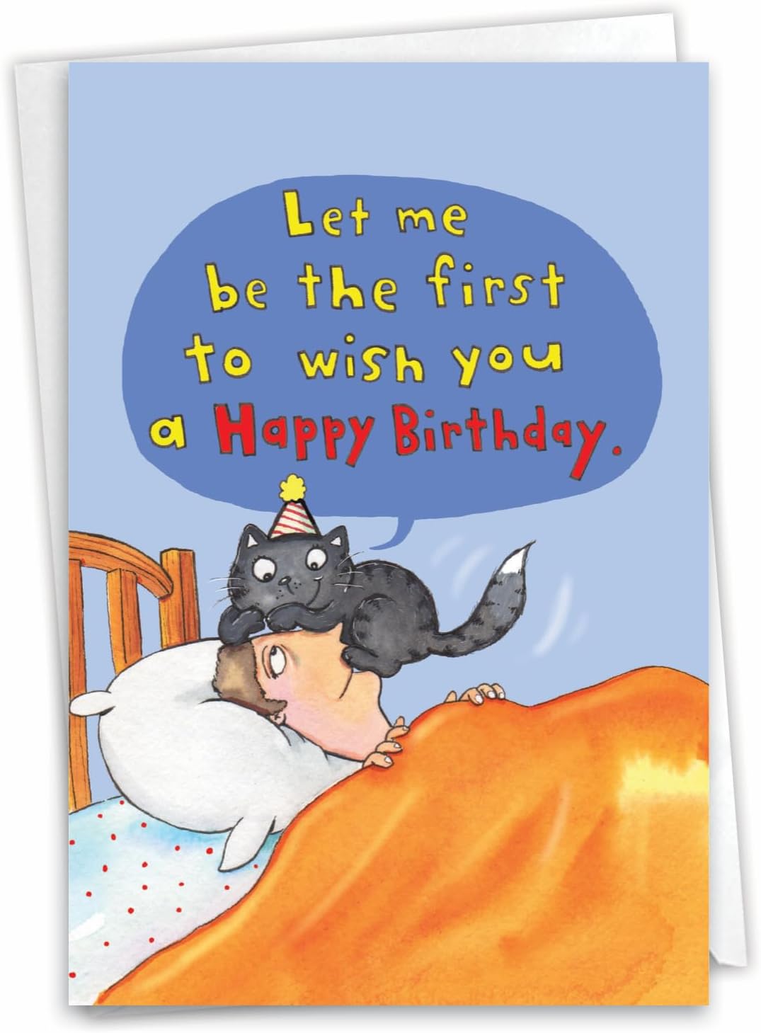 NobleWorks - 1 Awesome Birthday Greeting Card - Cartoon Art, Happy Funny Bday Note - Cat on Head C3791HBDG