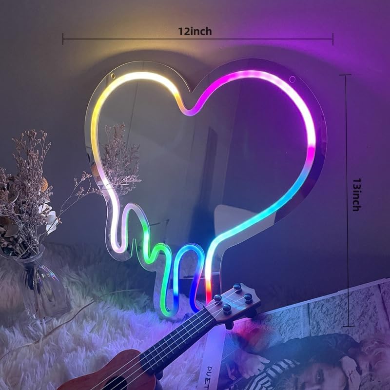 Colorful Neon Heart Mirror Melting Heart Neon Signs for Wall Decor USB Powered LED Light Colour Adjustable Brightness,12"x13" .For girls Room Party Studio Pink Bedroom Decor. Birthday Gifts