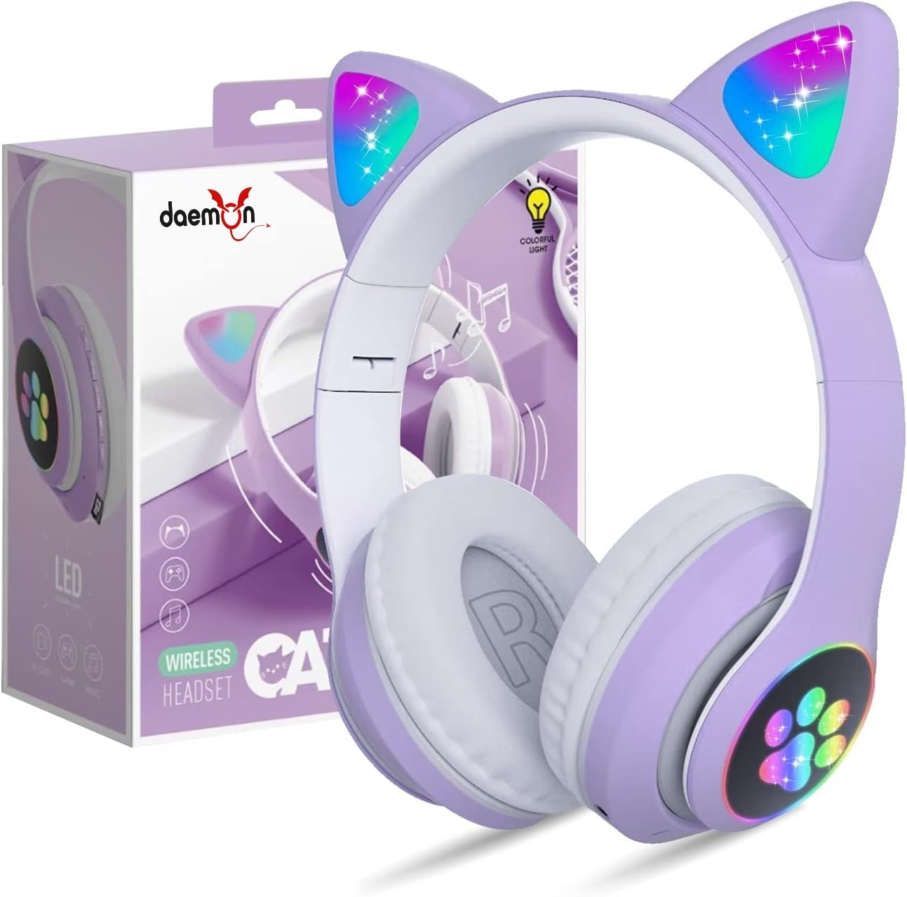 Daemon Bluetooth Headphones for Kids, Cute Ear Cat Ear LED Light Up Foldable Headphones Stereo Over Ear with Microphone/TF Card Wireless Headphone for iPhone/iPad/Smartphone/Laptop/PC/TV (Purple) (B0CD82HVHT) Amazon Price History, Amazon Price Tracker