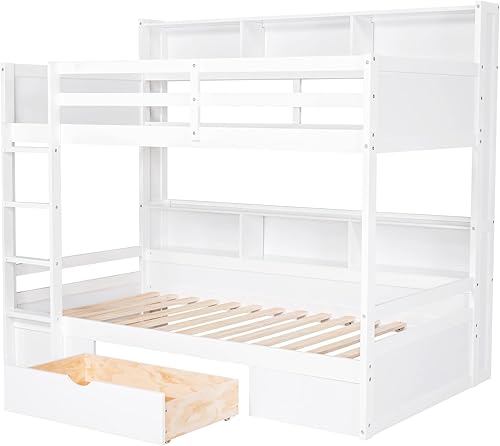 Miniatura 6 de Litera individual sobre individual con cajón de almacenamiento y estantes marco de litera de madera con estantería para niños niñas adolescentes