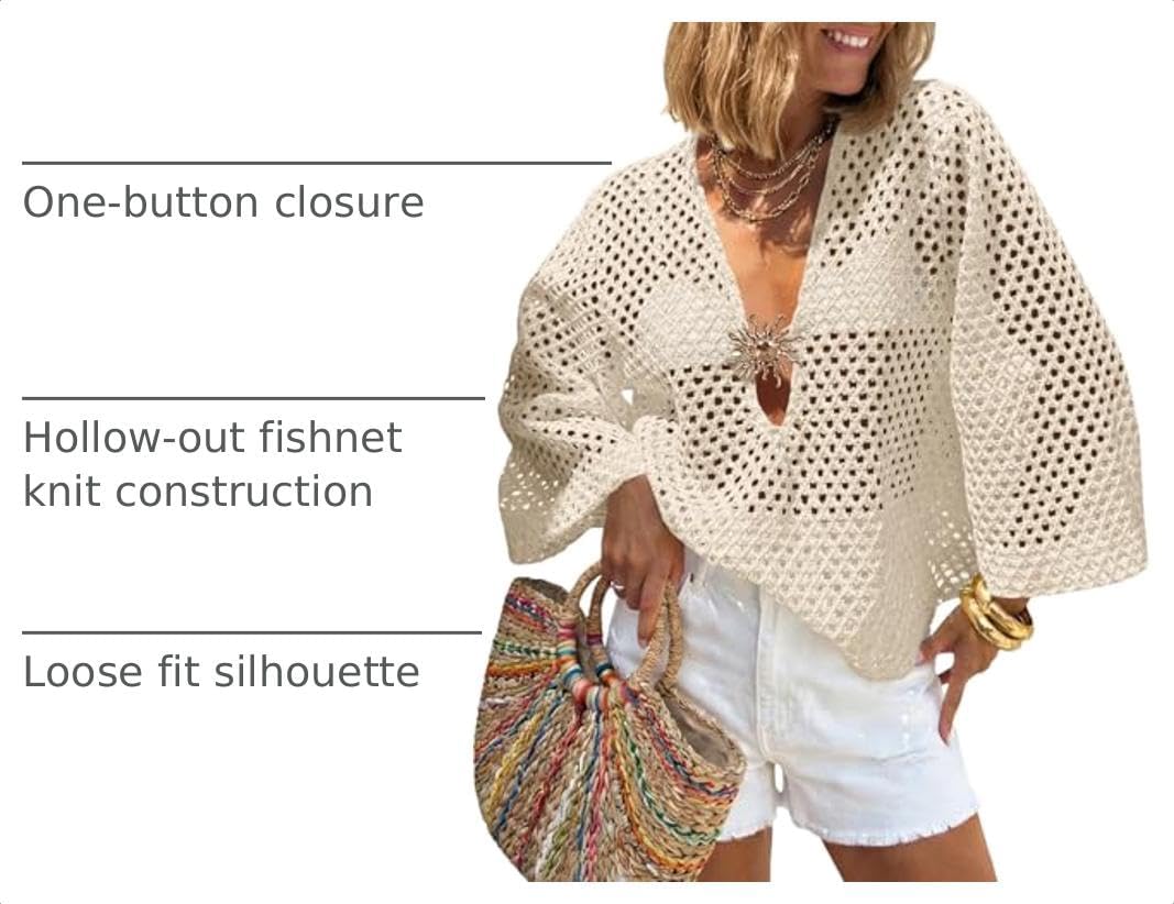 Saodimallsu Womens Crochet Beach Cover Up Top Summer 3/4 Sleeve Boho Oversized Mesh Knit V Neck Swimsuit Coverup image 4