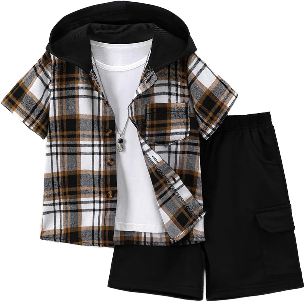 Boys 2 Pieces Clothing Shorts Set Short Sleeve Plaid Button Down Shirt and Cargo Shorts Set 4-12Y