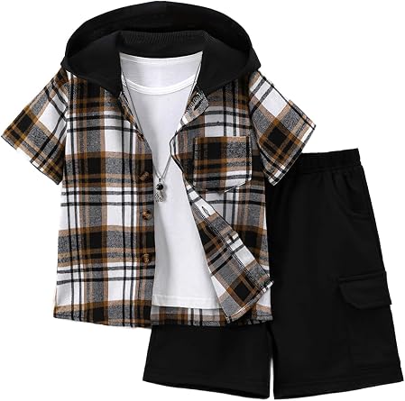 Boys 2 Pieces Clothing Set Plaid Shirt and Cargo Shorts 3-14Y | Classic Plaid Button Down Design, Cargo Shorts with Multiple Utility Pockets, Ideal for Summer Daily Wear, Size 3-14Years