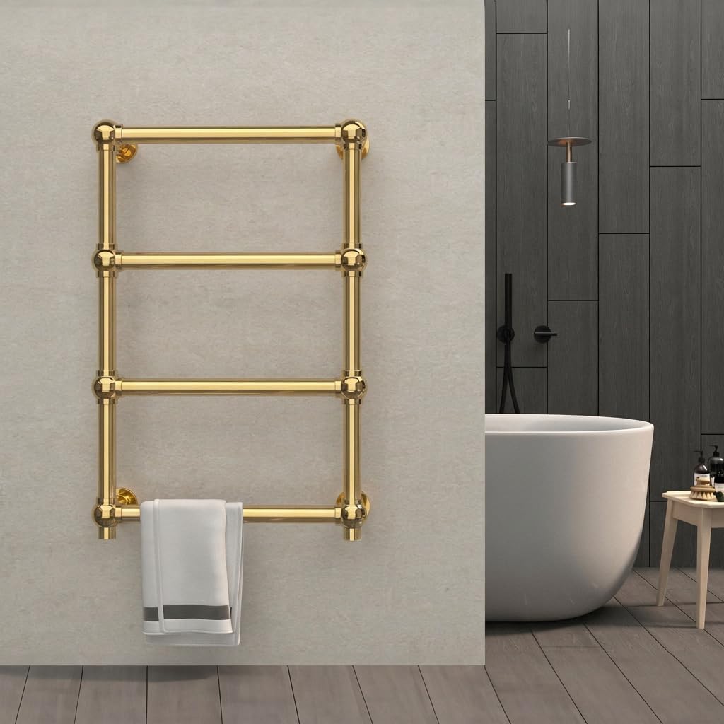 P&Dlusir Luxrious Radiator Towel Rail, 19.69" W x 29.5" H Electric Towel Warmer/Dryer, Hardwired/Plug-in, 55°C (131°F) One Button Constant Heating, Polished Gold