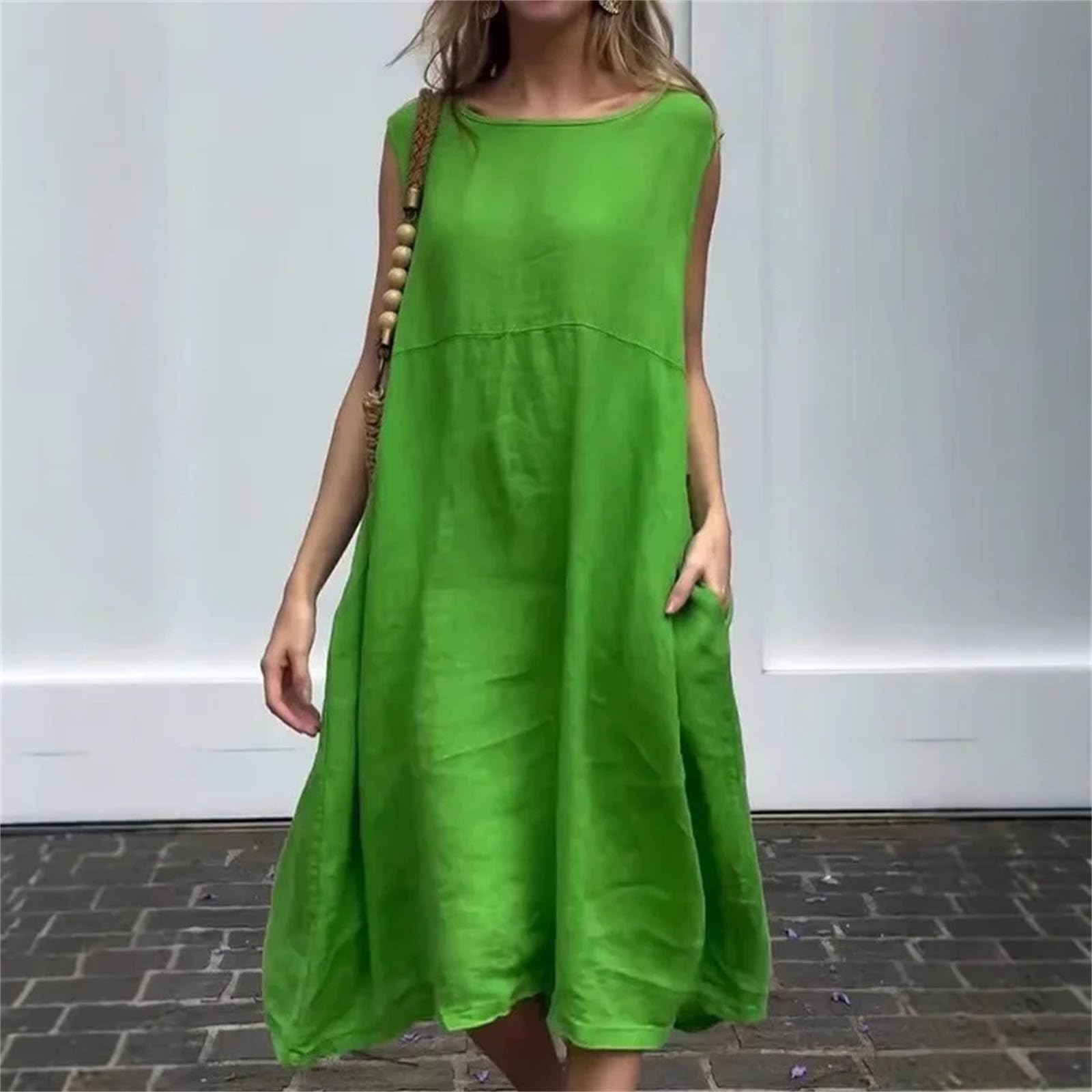 Abito da donna chic minimalista lungo moda tinta unita girocollo senza maniche Boho tasca abito allentato