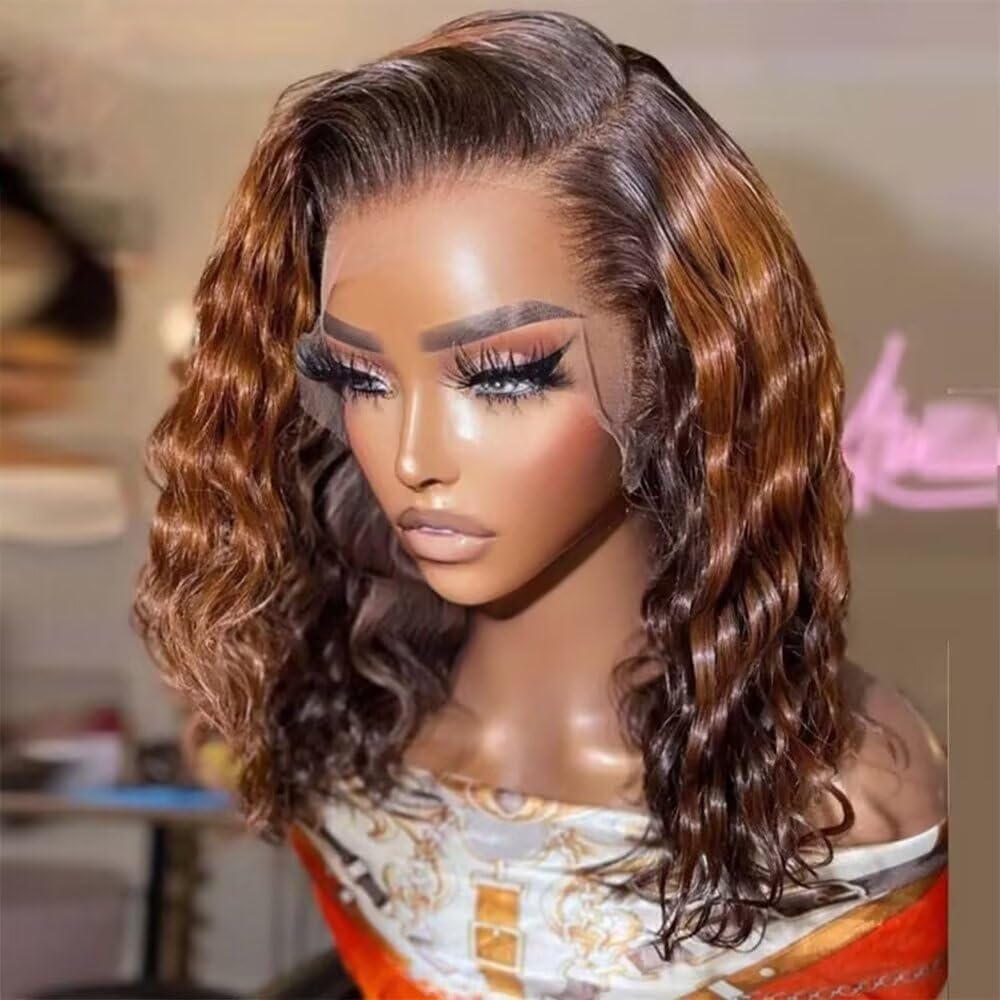 #2/30 Ombre Highlight Loose Deep Wave Human Hair Wigs Pre Plucked Short Bob Curly HD Invisible Lace Front Wigs Glueless Bleached Knots Brazilian Hair Colored 13X4 Short Bob Wig 150% Density 8Inch