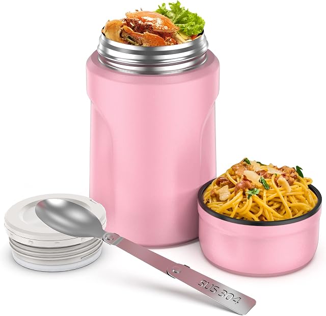 JIM'S STORE Insulated Hot Food Flask with Folding Spoon, 500ml Stainless Steel Vacuum King Food Jar Pink