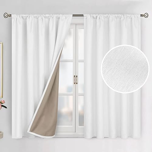 BGment Linen Textured 100% Blackout Curtains for Bedroom, Rod Pocket Double Layers Thermal Insulation Room Darkening Curtains with Liner for Living Room, 2 Panels, 52 x 54 Inches, White