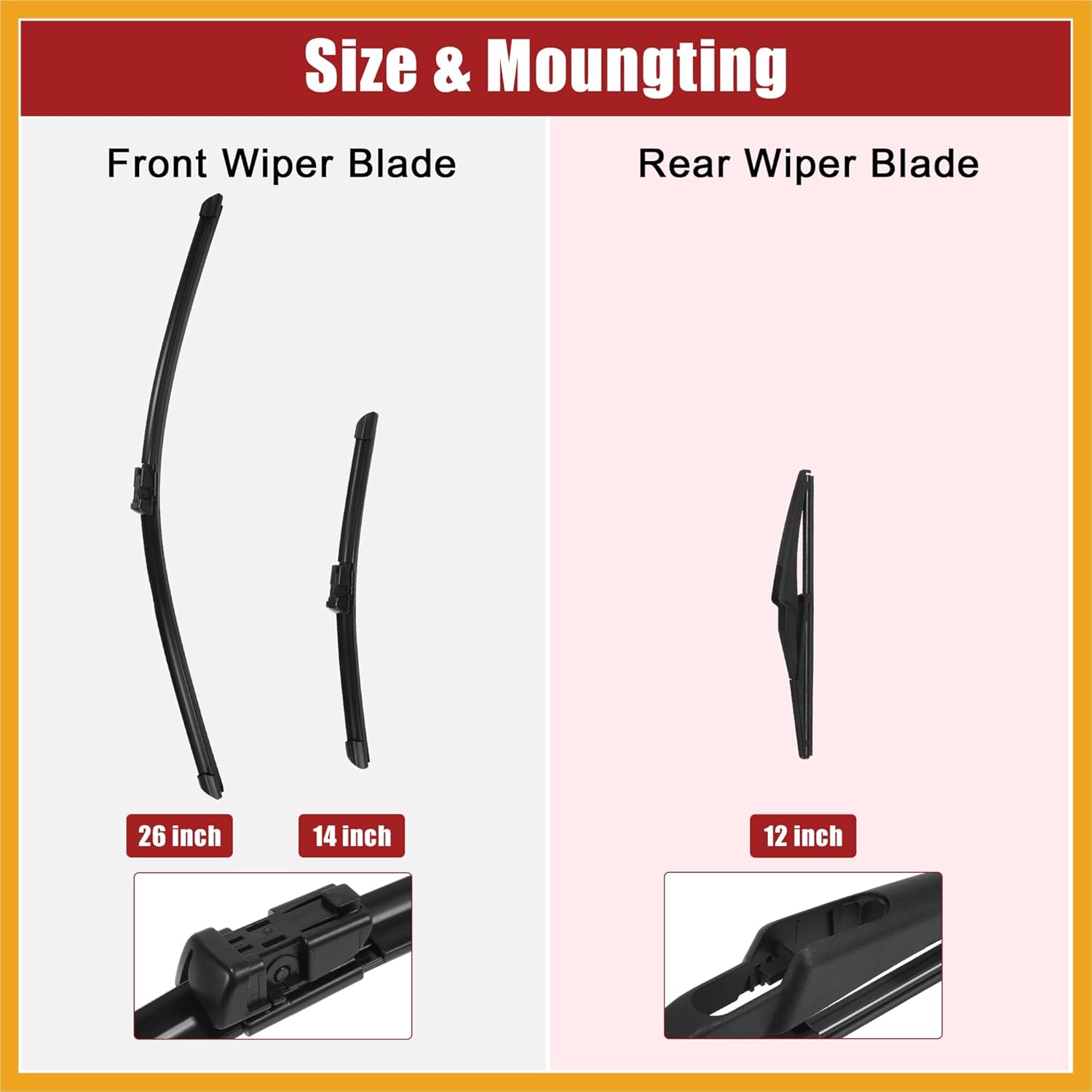 26" 14" 12" Front Rear Windshield Wiper Blade Set Fit for Fiat 500X 2014-2023 with Top-Lock - Pack of 3 Black Replacement
