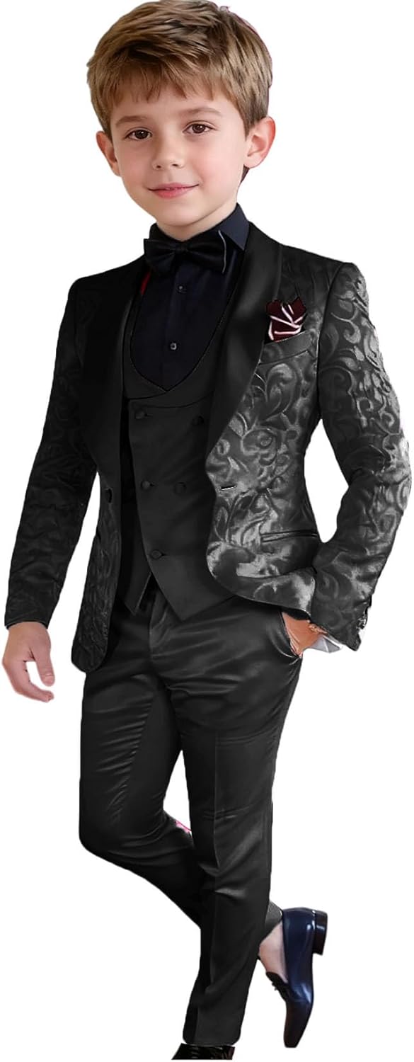VENNYNG Boys 3-Piece Suit Set Floral Blazer Shawl Lapel Vest and Elastic Waist Pants Kids Formal Wedding