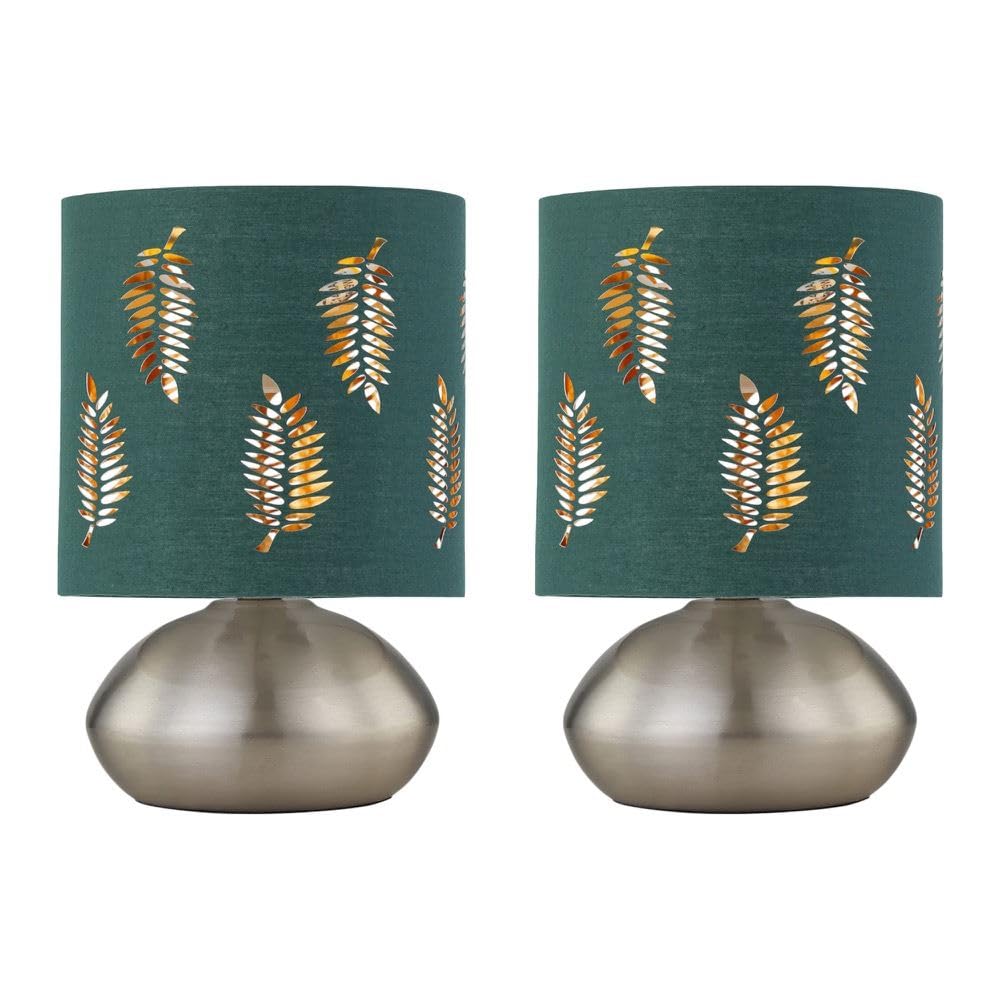 Firstchoicelighting Satin Nickel & Green Set Of 2 Brushed Chrome Touch Operated Table Lamps Or Bedside Lights, Modern Design, Height 22Cm, Dark Green Fern Shade, Led Compatible