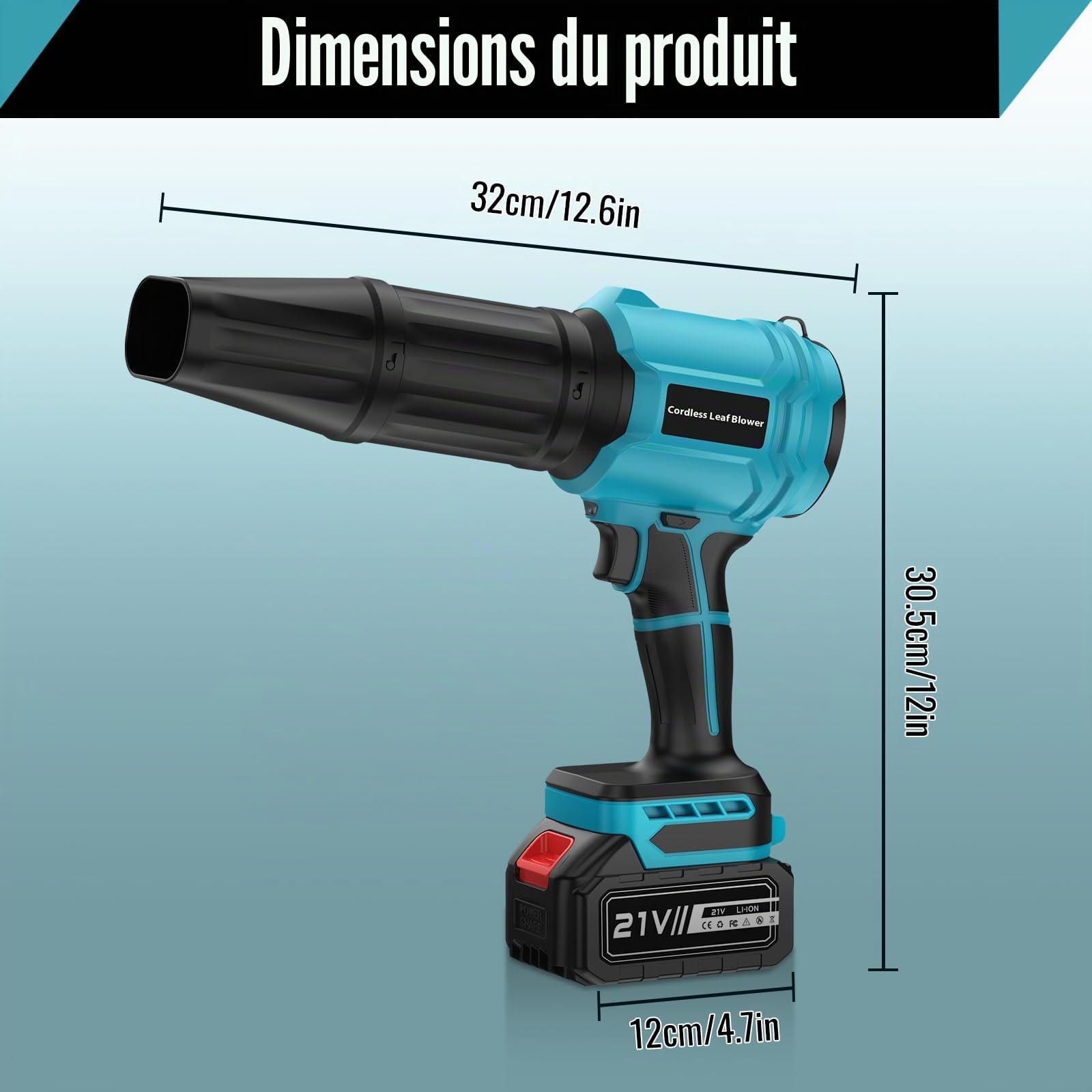 Souffleur Batterie avec 2 Batteries 4,0 Ah, 21V Souffleur de Feuilles sans Fil 65 m/s, Moteur Brushless 800,000 TR/Min, 2 Buses, Réglage Variable, pour Jardin, Terrasse, Voiture (Bleu)