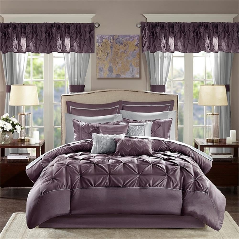 Pemberly Row Modern 24 Piece Bedroom Decor Set, Faux Silk Polyoni Tufted Comforter, Plum Color, Includes Sheet Set, Window Curtains, Valances, Decorative Pillows, Bedskirt for Elegant Bedroom Styling