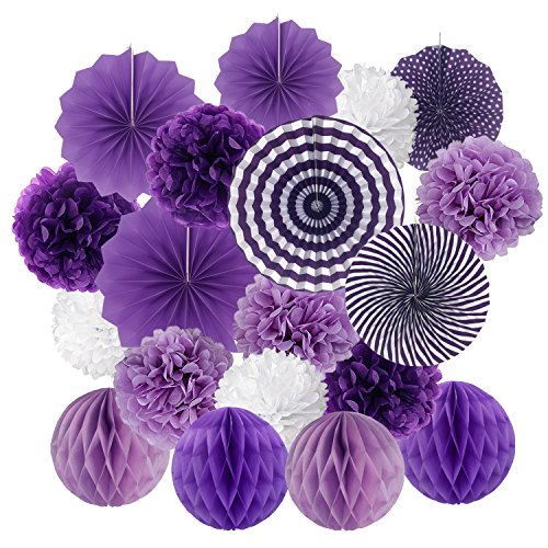 ZERODECO Purple Party Decorations, Hanging Paper Fan Set Tissue Paper Pom Poms Flower Fan and Honeycomb Balls for Birthday Baby Shower Wedding Festival Decorations