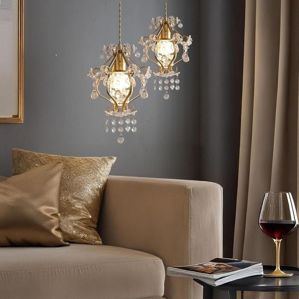Lustre Moderne En Laiton Et Cristal, Suspension Nordique Ornée de Perles Et de Motifs Floraux, Culot E14, Cordon Réglable, Idéal Pour Une Chambre, Un Vestibule Ou Un Couloir.