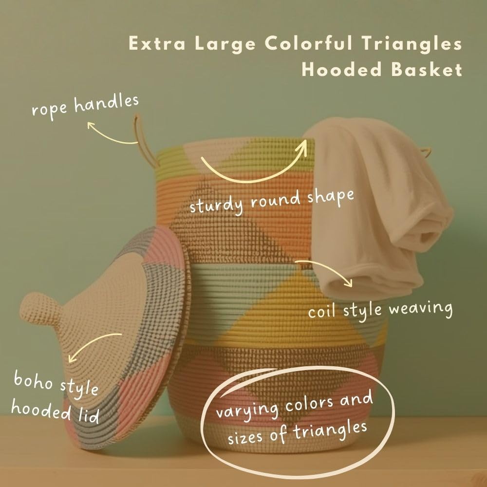 Large Laundry Basket, Colorful Triangles, 20 Inch Wide, 33 Inch Tall